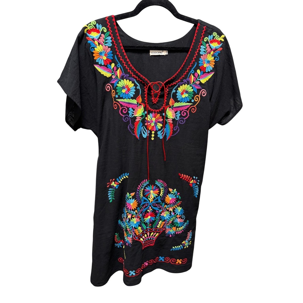 YZXDORWJ Tunic Dress Women XXL Black Floral Embroidered Bohemian Lace Up Cotton